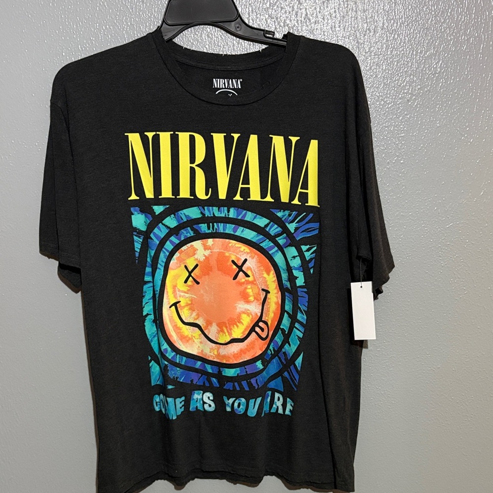 NIRVANA Black Tee with Yellow and Blue Graphic